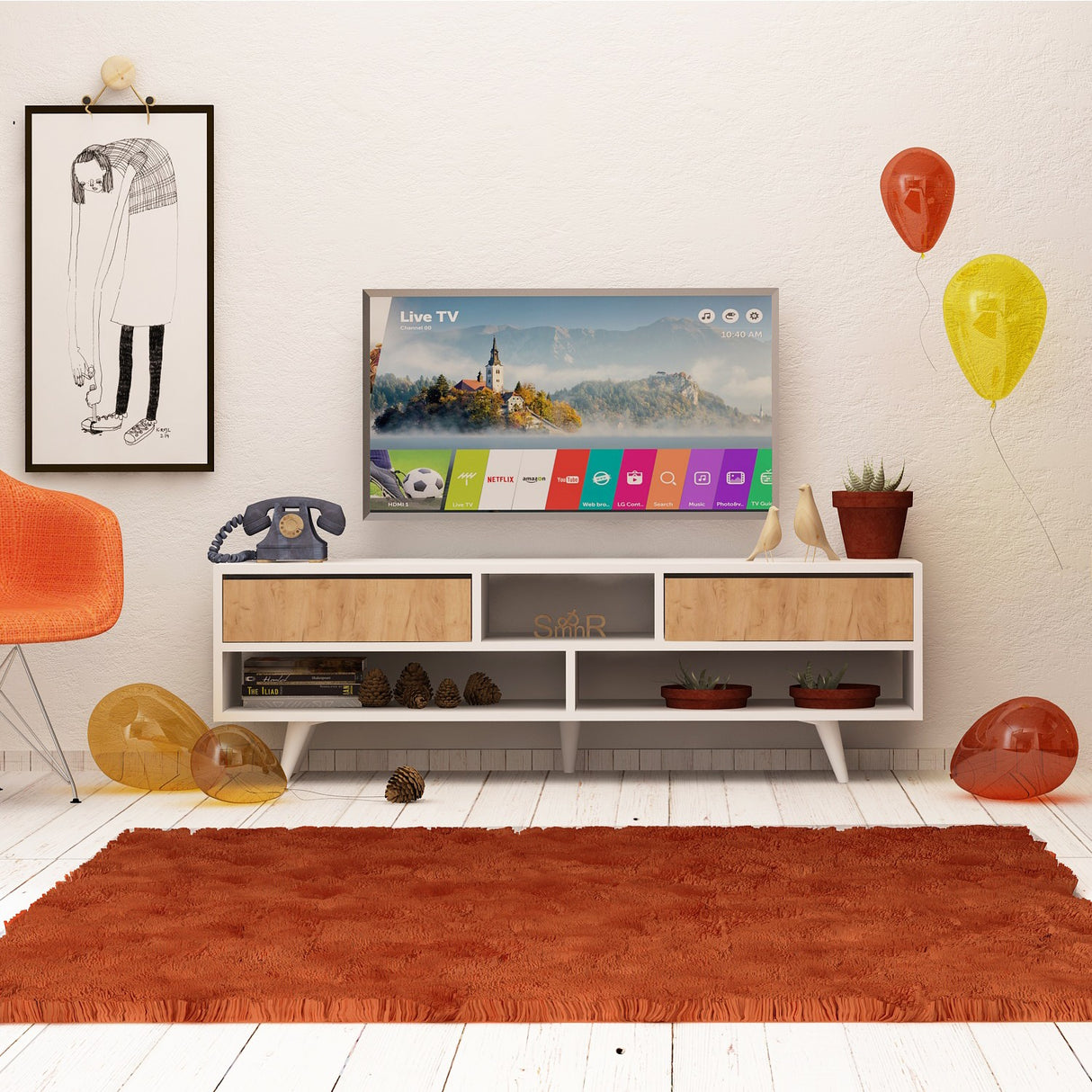 Comodă TV Angola, Stejar - Alb, 140x35x40 cm