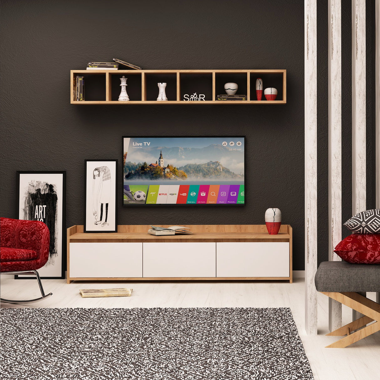 Comodă TV Liçi, Stejar - Alb, 150x35x45 cm