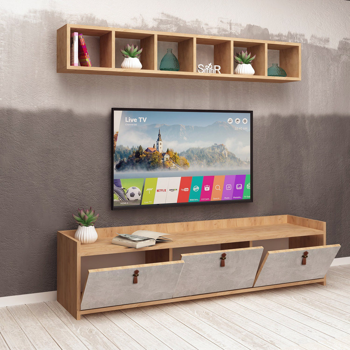 Comodă TV Sleppa, Stejar - Alb, 150x35x45 cm