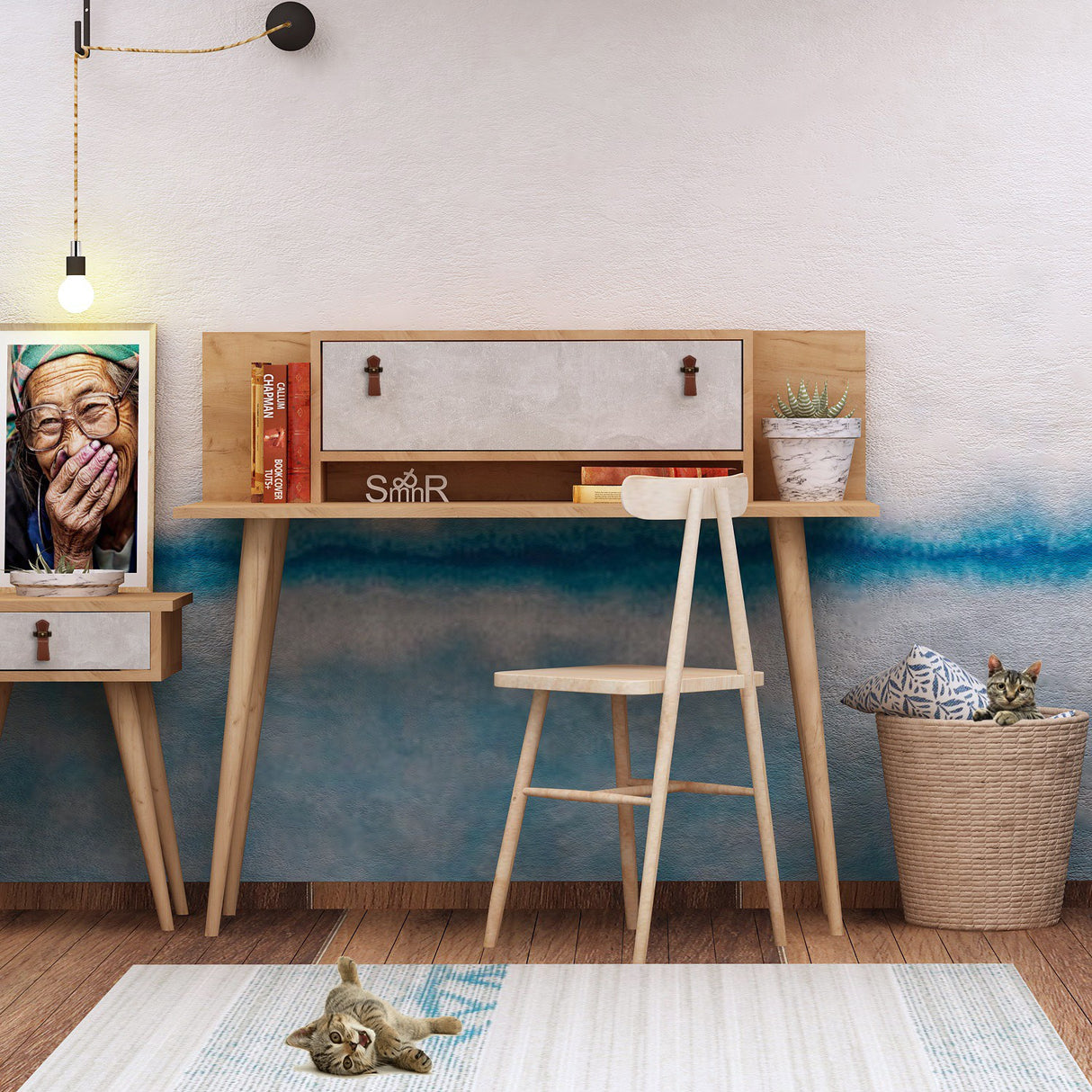 Birou Soojin, Stejar - Alb, 120x60x107 cm