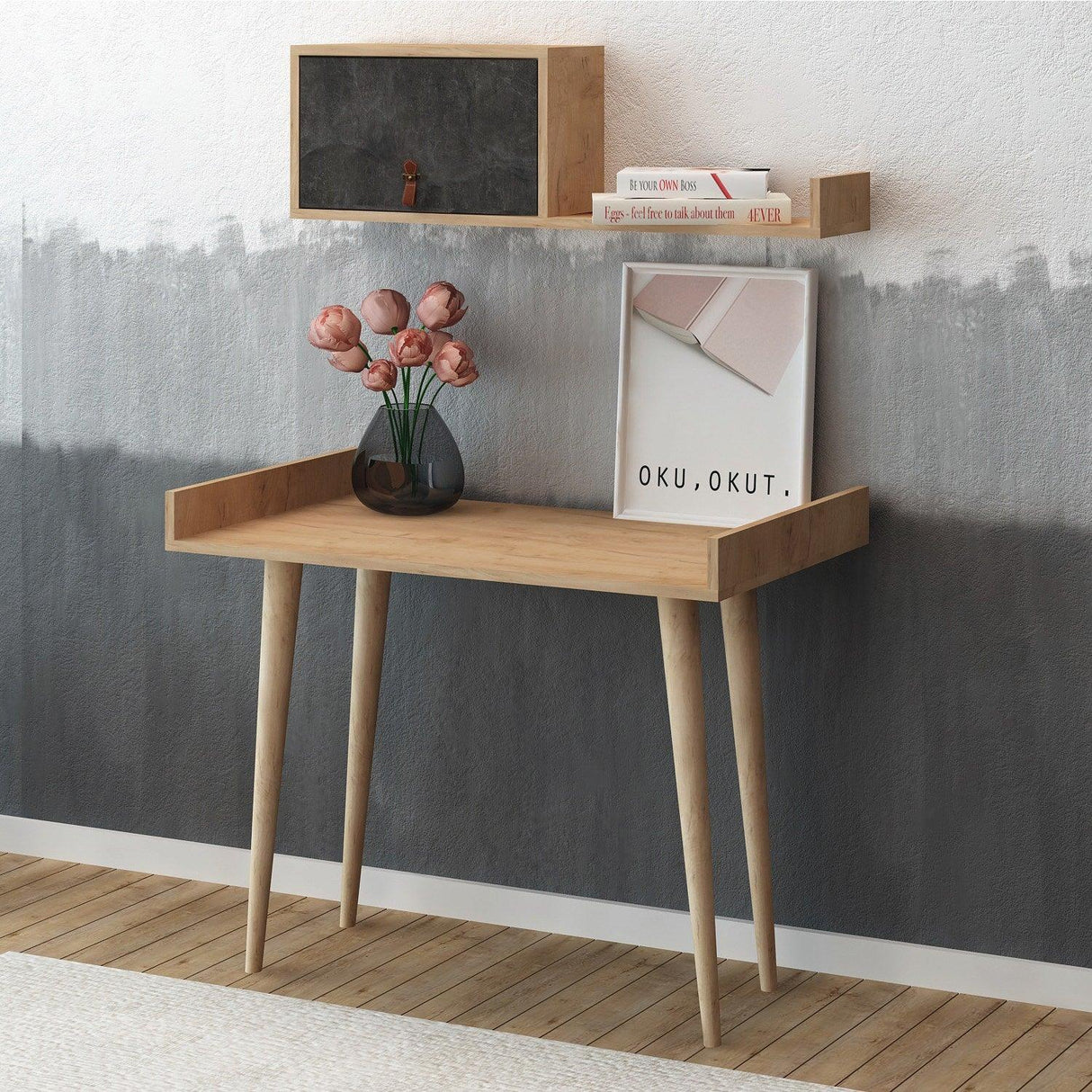 Birou Brush cu rafturi, Stejar, 100 x 81 x 60 cm