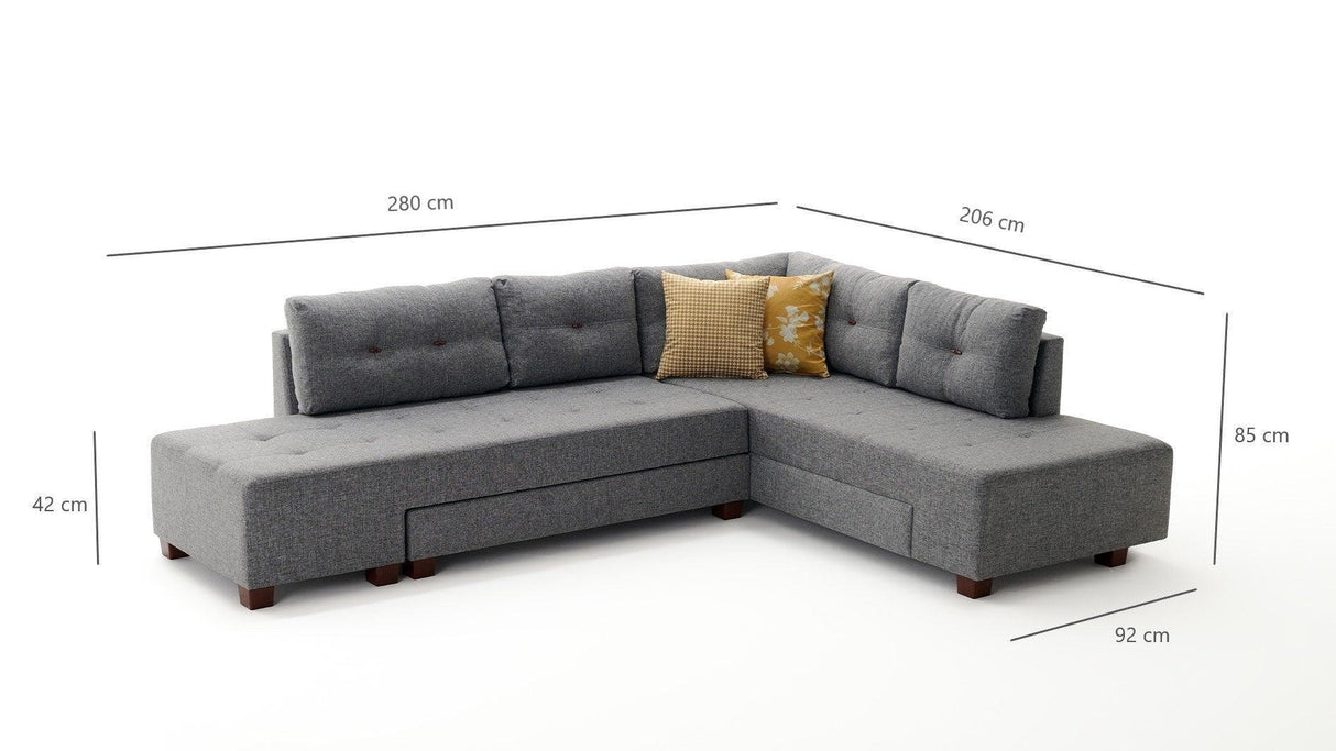 Canapea extensibilă de colț Manama, Dreapta, Diverse culori, 280x206x85 cm - Gri închis | SKU: 825BLC1181 | Canapea extensibilă de colț Manama, Dreapta, 280x206x85 cm, varianta Gri închis, produs pentru amenajarea locuinței, disponibil online în România la CasaMob