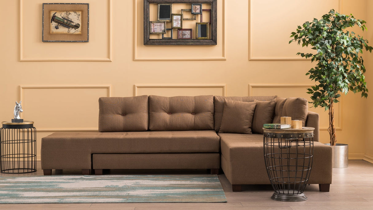 Canapea extensibilă de colț Manama, Dreapta, Diverse culori, 280x206x85 cm - Maro | SKU: 825BLC1183 | Canapea extensibilă de colț Manama, Dreapta, 280x206x85 cm, varianta Maro, produs pentru amenajarea locuinței, disponibil online în România la CasaMob