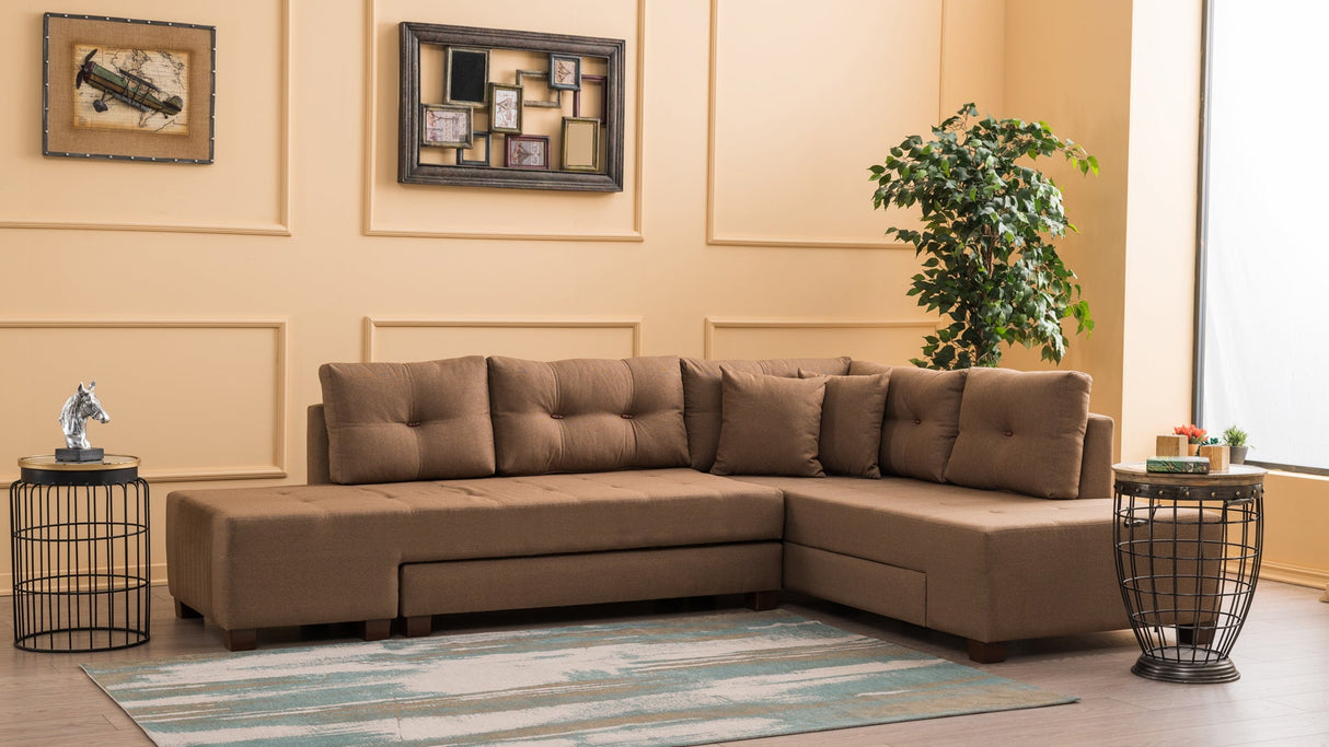 Canapea extensibilă de colț Manama, Dreapta, Diverse culori, 280x206x85 cm - Maro | SKU: 825BLC1183 | Canapea extensibilă de colț Manama, Dreapta, 280x206x85 cm, varianta Maro, produs pentru amenajarea locuinței, disponibil online în România la CasaMob