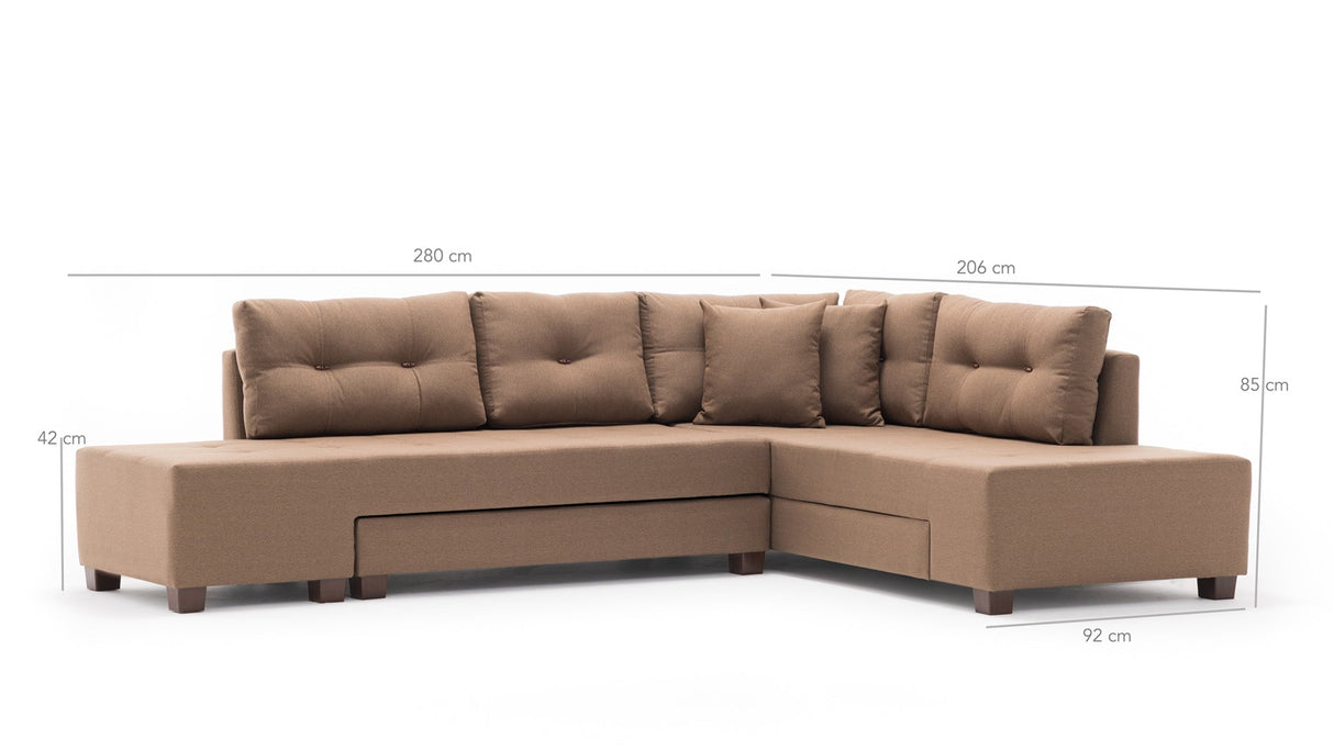 Canapea extensibilă de colț Manama, Dreapta, Diverse culori, 280x206x85 cm - Maro | SKU: 825BLC1183 | Canapea extensibilă de colț Manama, Dreapta, 280x206x85 cm, varianta Maro, produs pentru amenajarea locuinței, disponibil online în România la CasaMob