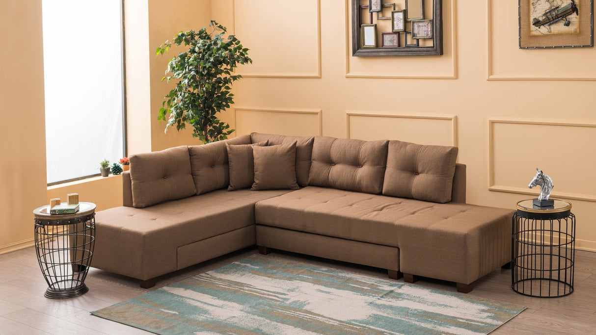 Canapea extensibilă de colț Manama, Stânga, Diverse culori, 280x206x85 cm - Maro | SKU: 825BLC1184 | Canapea extensibilă de colț Manama, Stânga, 280x206x85 cm, varianta Maro, produs pentru amenajarea locuinței, disponibil online în România la CasaMob