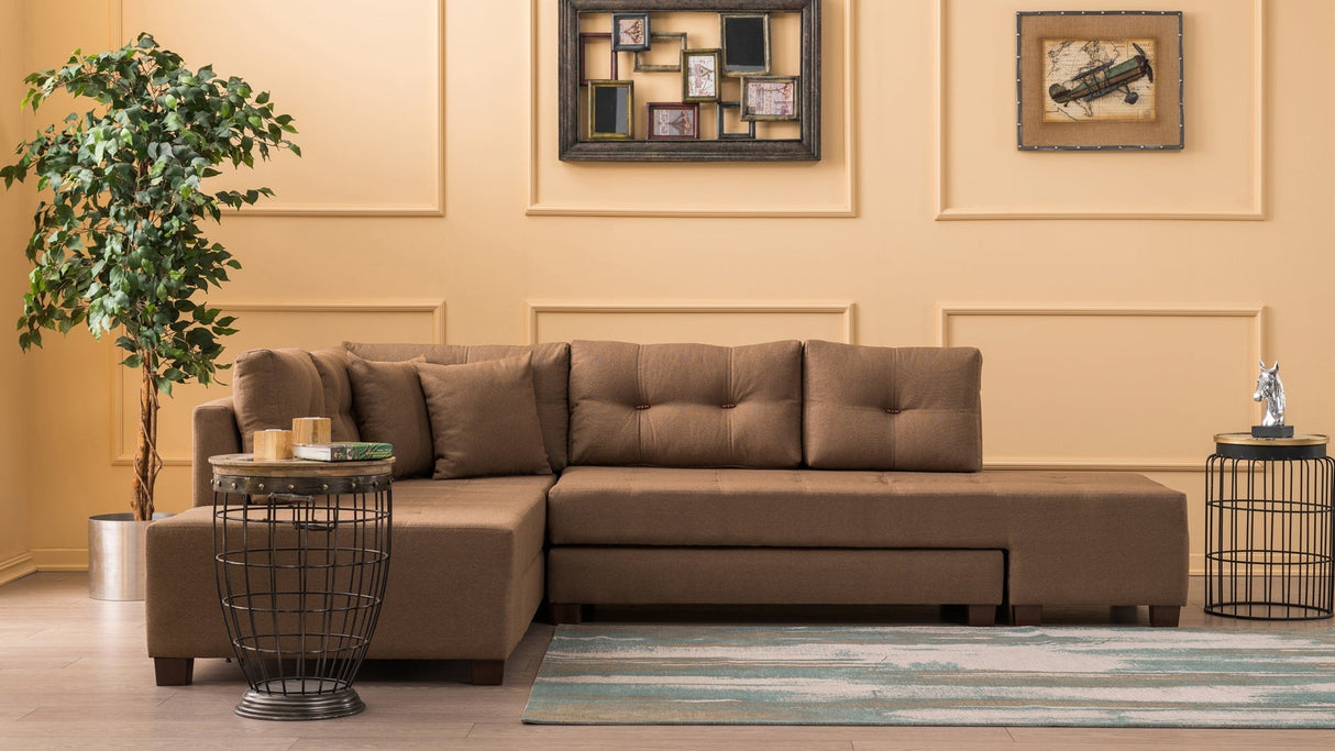 Canapea extensibilă de colț Manama, Stânga, Diverse culori, 280x206x85 cm - Maro | SKU: 825BLC1184 | Canapea extensibilă de colț Manama, Stânga, 280x206x85 cm, varianta Maro, produs pentru amenajarea locuinței, disponibil online în România la CasaMob