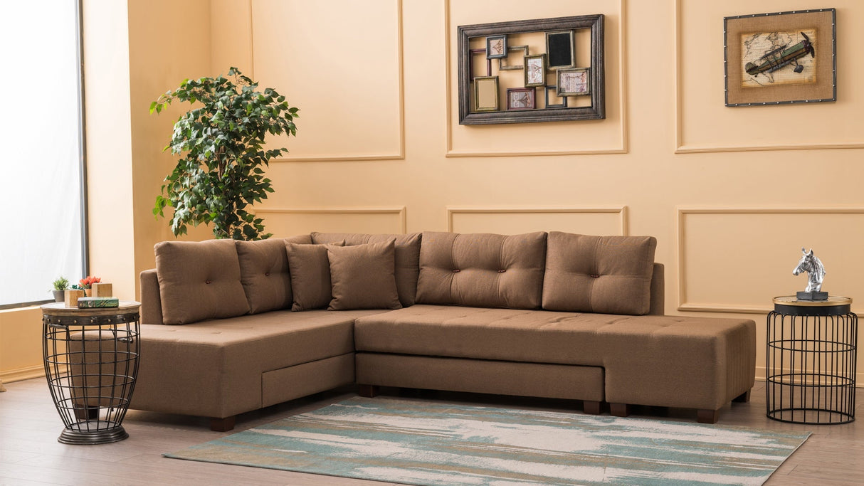 Canapea extensibilă de colț Manama, Stânga, Diverse culori, 280x206x85 cm - Maro | SKU: 825BLC1184 | Canapea extensibilă de colț Manama, Stânga, 280x206x85 cm, varianta Maro, produs pentru amenajarea locuinței, disponibil online în România la CasaMob