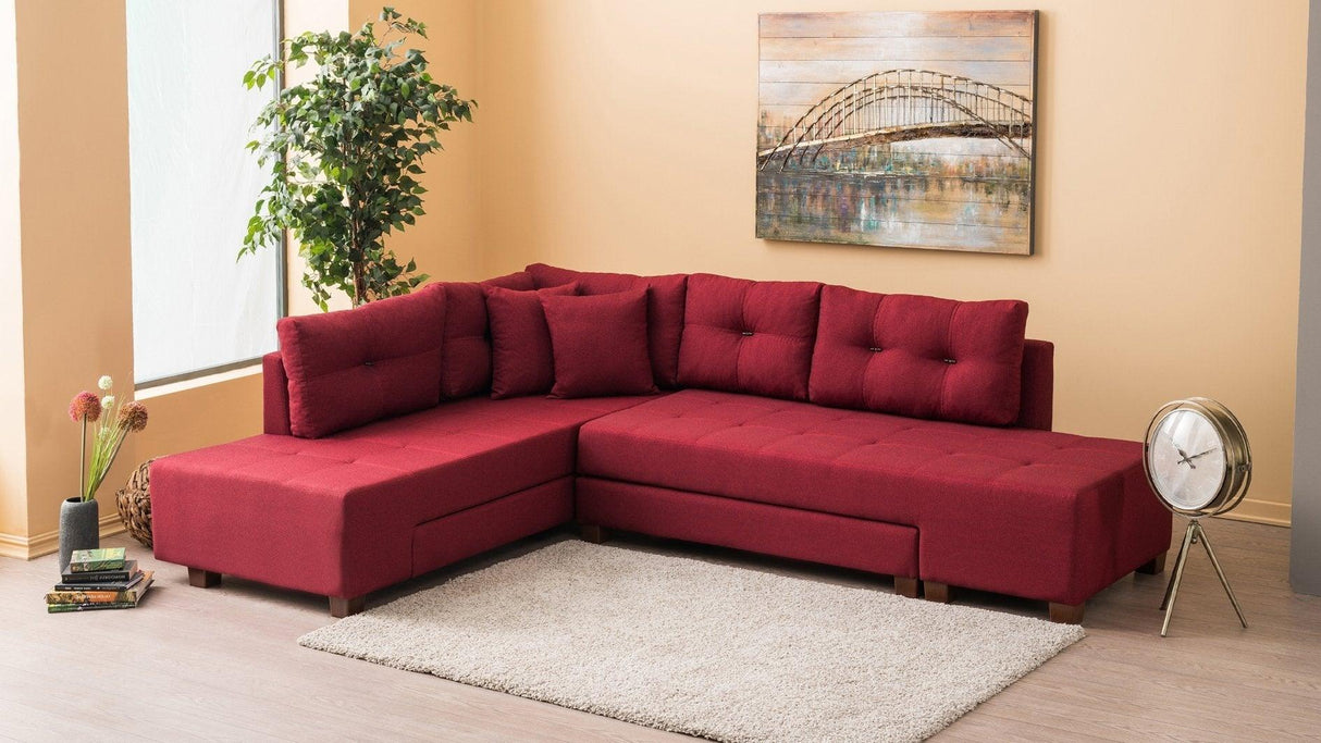 Canapea extensibilă de colț Manama, Stânga, Diverse culori, 280x206x85 cm - Bordo | SKU: 825BLC1186 | Canapea extensibilă de colț Manama, Stânga, 280x206x85 cm, varianta Bordo, produs pentru amenajarea locuinței, disponibil online în România la CasaMob
