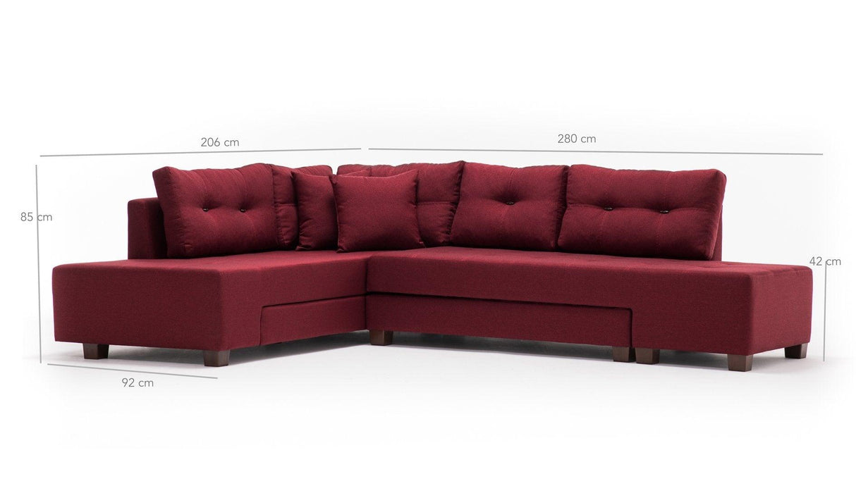 Canapea extensibilă de colț Manama, Stânga, Diverse culori, 280x206x85 cm - Bordo | SKU: 825BLC1186 | Canapea extensibilă de colț Manama, Stânga, 280x206x85 cm, varianta Bordo, produs pentru amenajarea locuinței, disponibil online în România la CasaMob