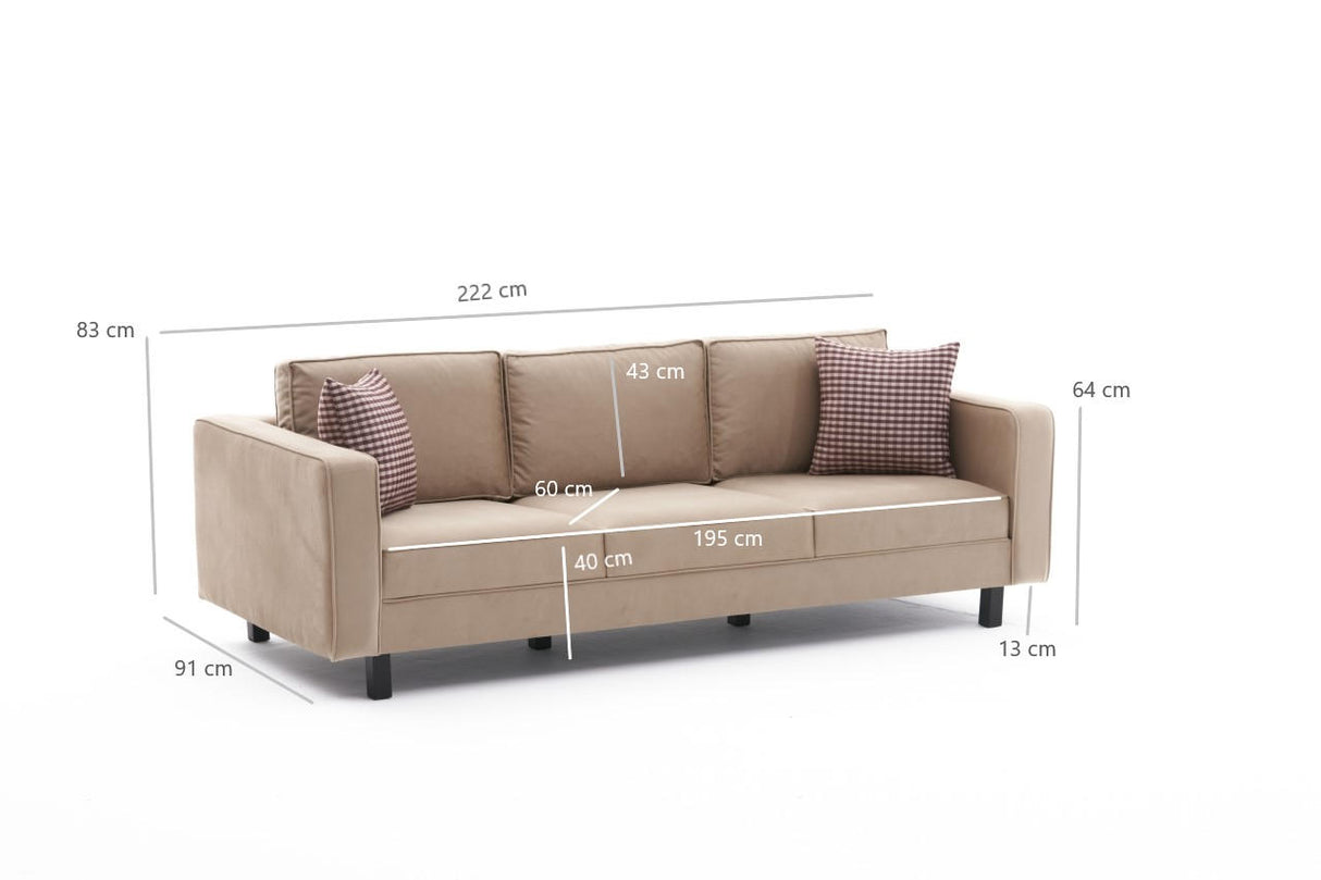 Canapea fixă Kale Velvet, Diverse culori, Diverse configurații, Diverse dimensiuni - Crem - 222x91x83 cm - 3 locuri | SKU: 825BLC2726 | Canapea fixă Kale Velvet, varianta Crem - 222x91x83 cm - 3 locuri, produs pentru amenajarea locuinței, disponibil online în România la CasaMob