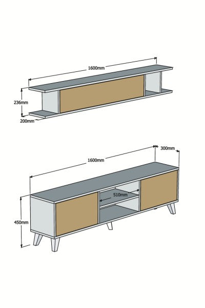 Comodă TV Italo, Alb - Pin, 160x30x45 cm