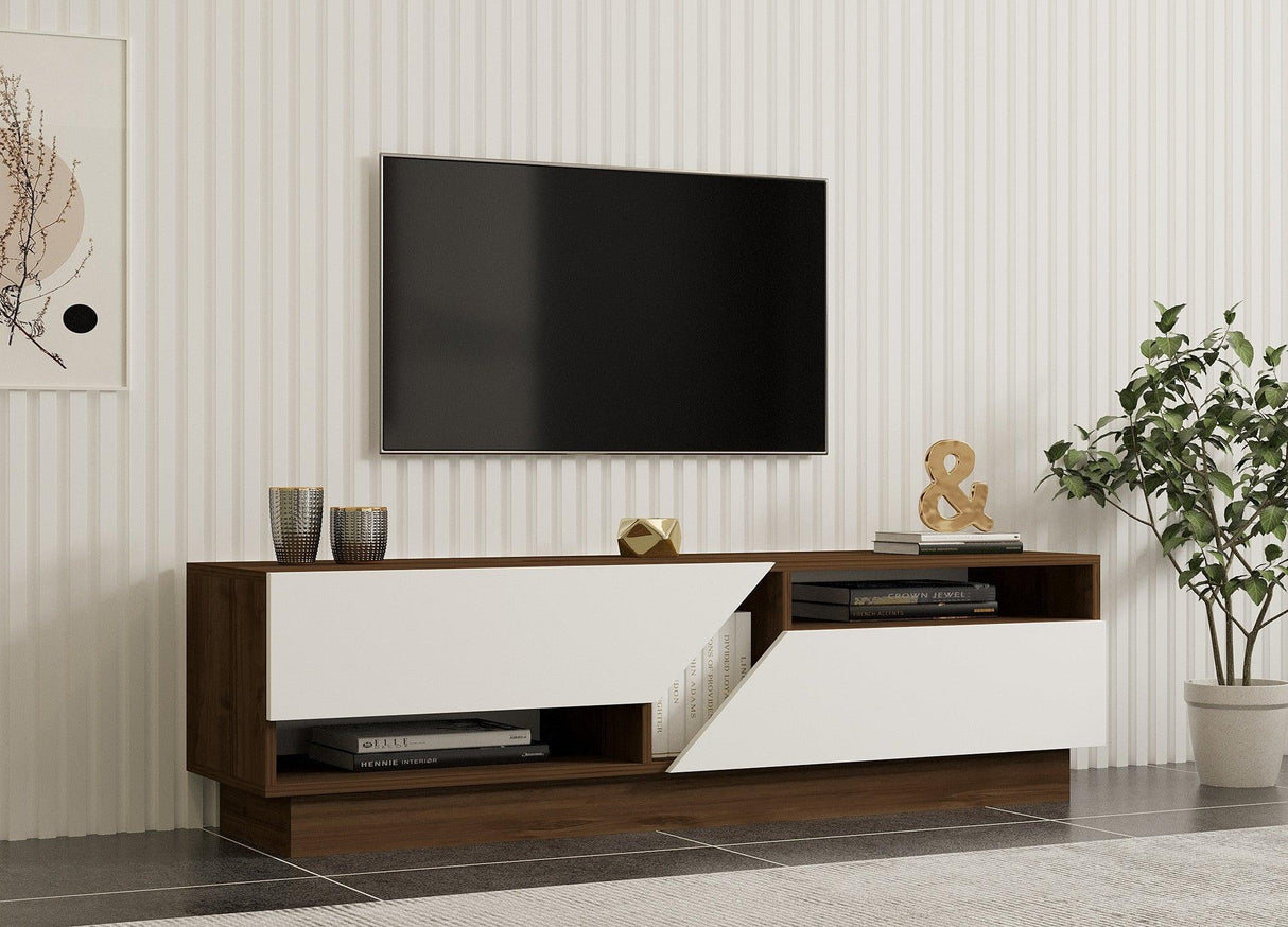 Comodă TV Koza, Diverse culori, 160x40x45 cm - Nuc - Alb | SKU: 835PUQ3058 | Comodă TV Koza, 160x40x45 cm, varianta Nuc - Alb, produs pentru amenajarea locuinței, disponibil online în România la CasaMob
