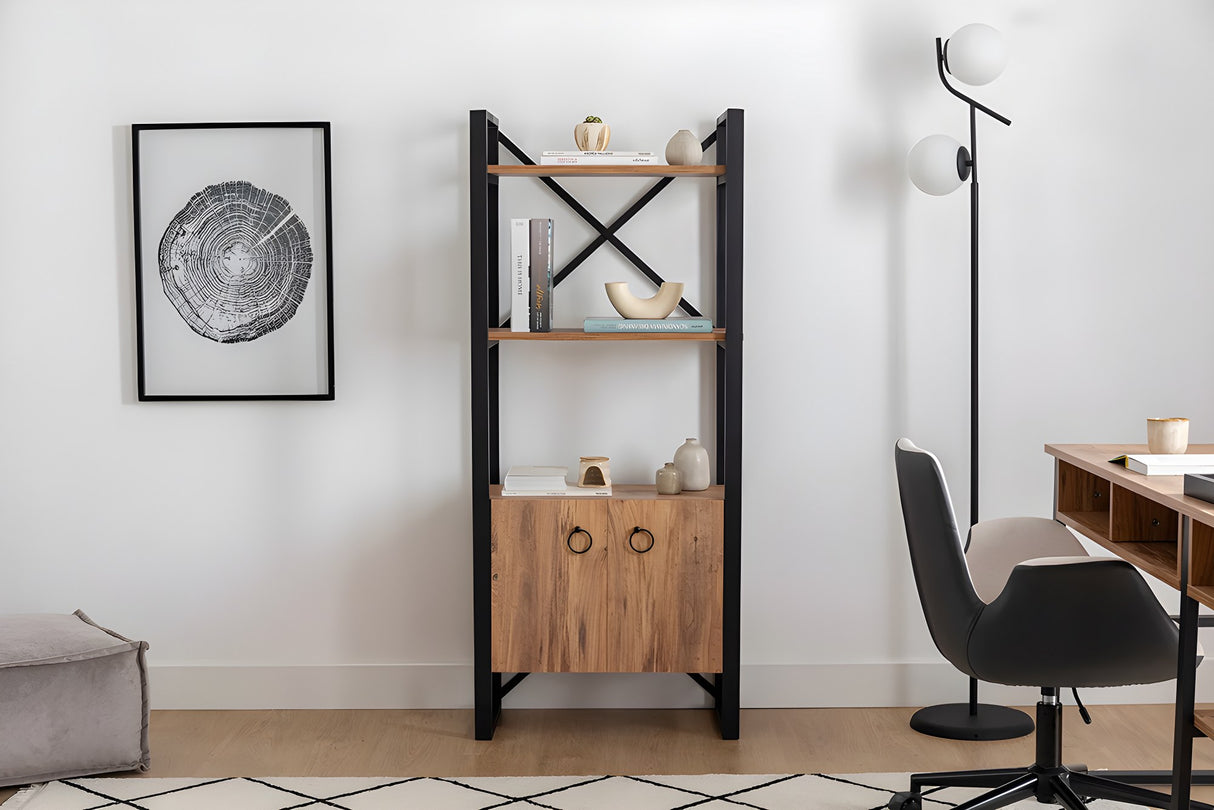 Bibliotecă Milano, Pin atlantic - Negru, 64x32x160 cm