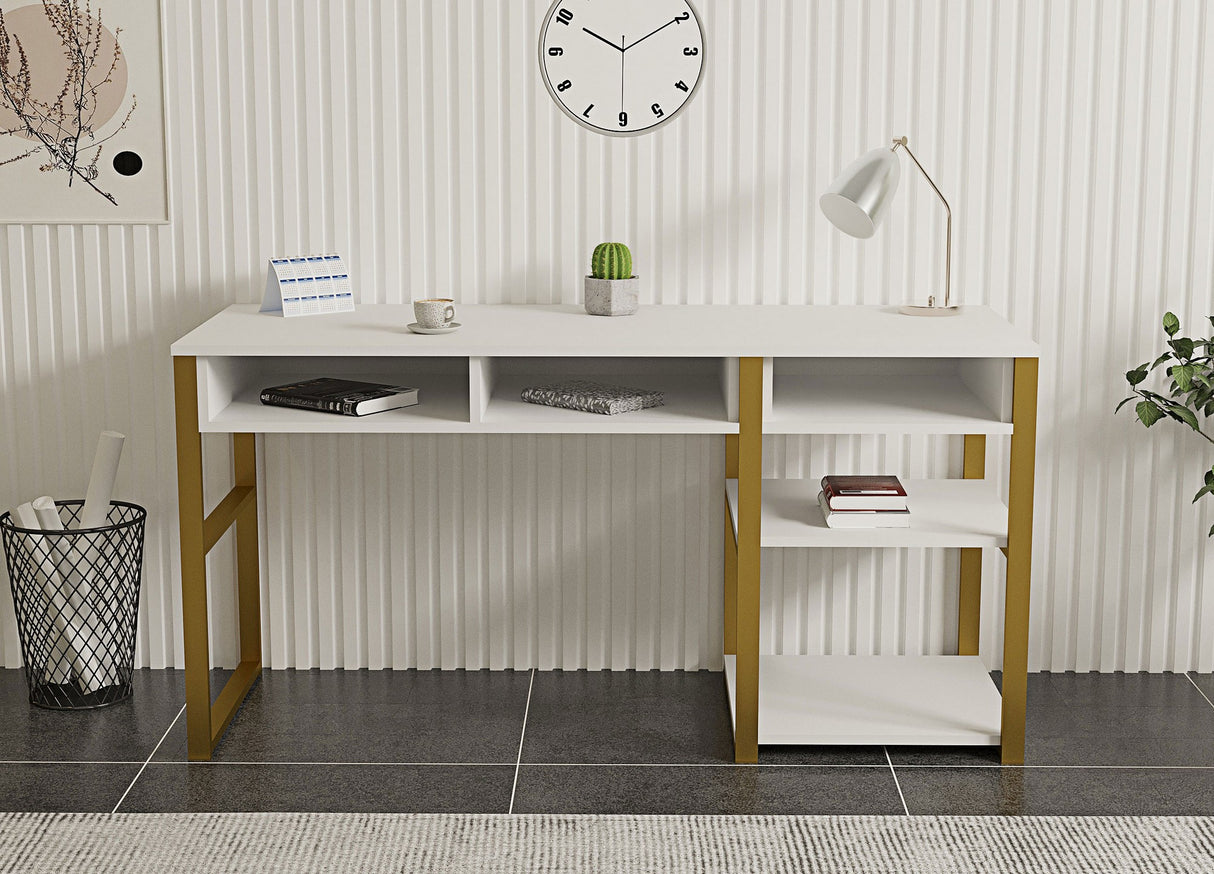 Birou Emro Gold, Alb - Auriu, 150x58x76 cm