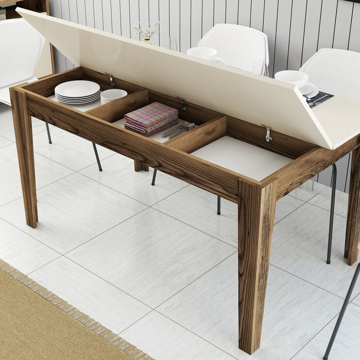 Masă dining Milan 517, Nuc - Crem, 145x88x75 cm