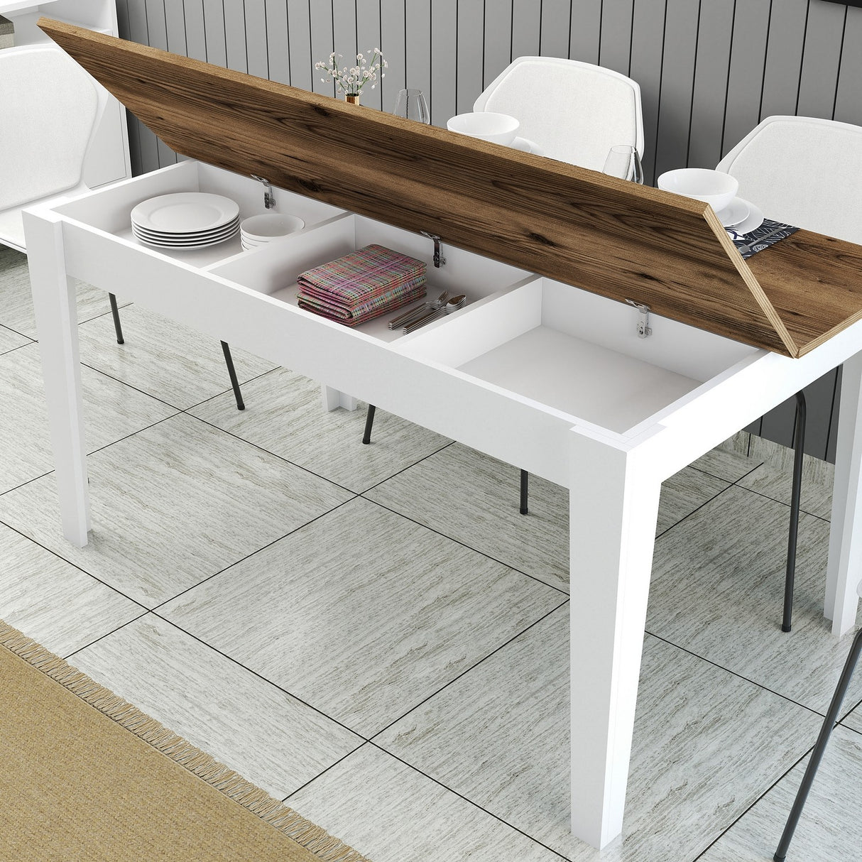 Masă dining Milan 520, Nuc - Alb, 145x88x75 cm