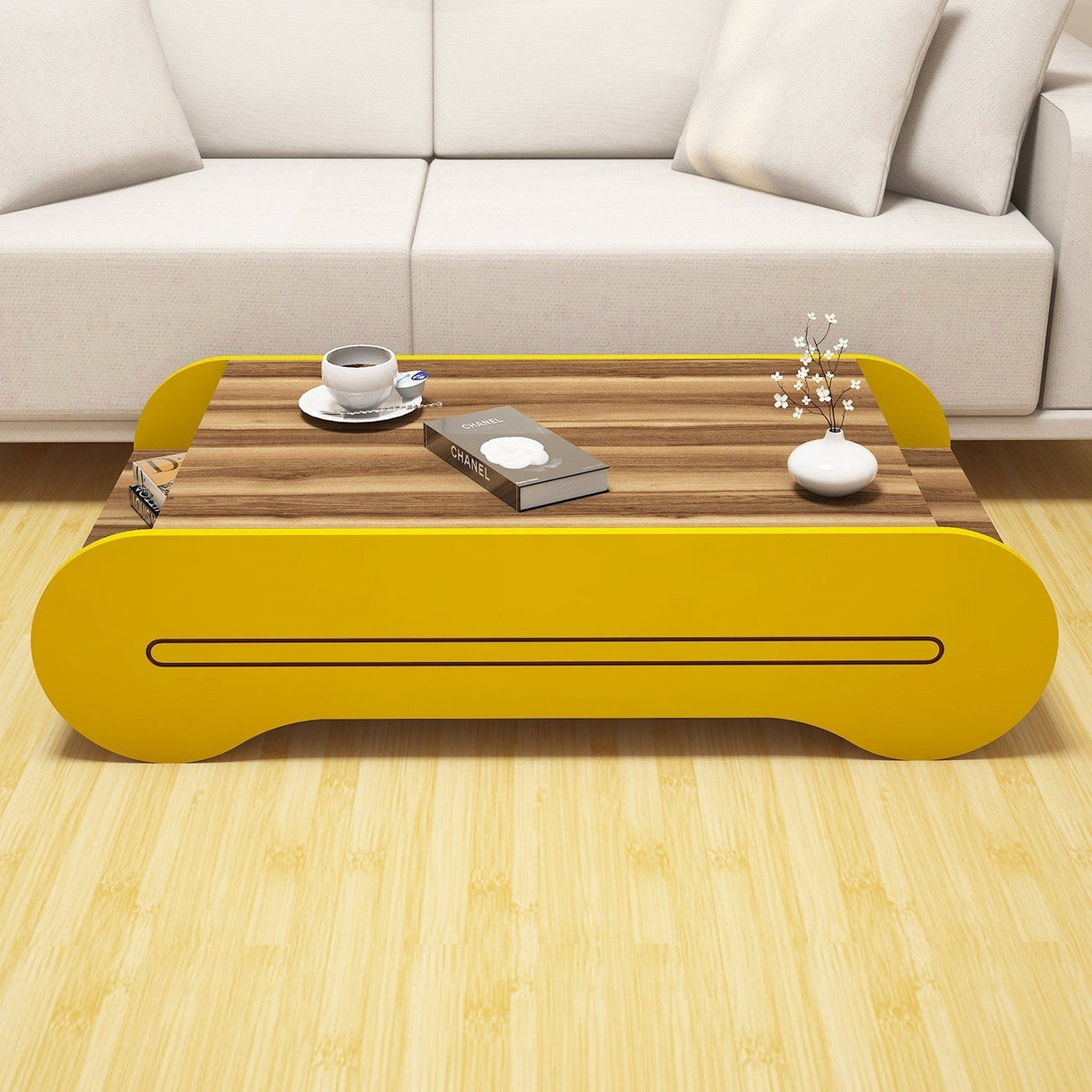 Măsuță de cafea Cool, Diverse culori, 120x64x30 cm - Nuc - Galben | SKU: 845HCT2807 | Măsuță de cafea Cool, 120x64x30 cm, varianta Nuc - Galben, produs pentru amenajarea locuinței, disponibil online în România la CasaMob