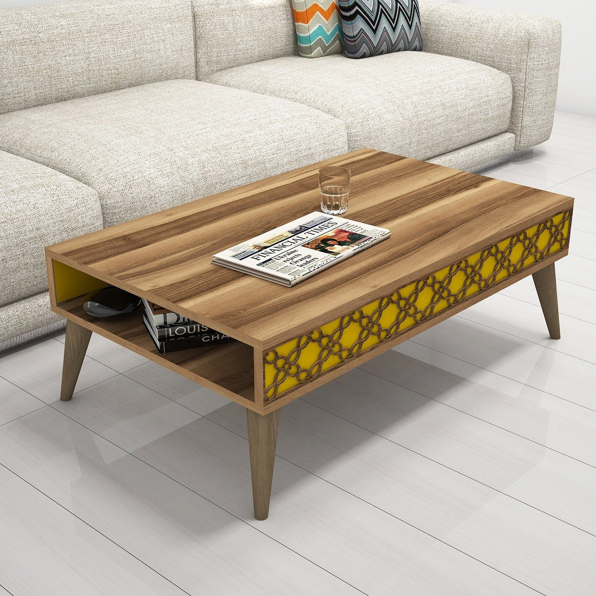 Măsuță de cafea City, Diverse culori, 105x60x37 cm - Nuc - Galben | SKU: 845HCT2813 | Măsuță de cafea City, 105x60x37 cm, varianta Nuc - Galben, produs pentru amenajarea locuinței, disponibil online în România la CasaMob