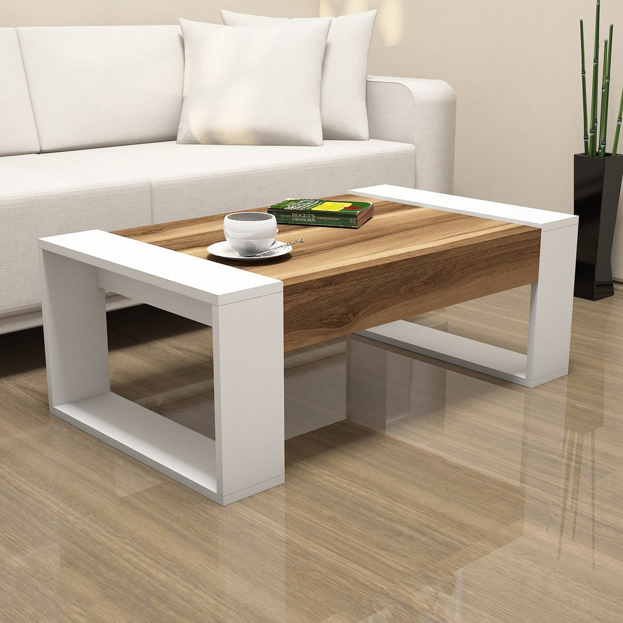 Măsuță de cafea Venüs, Diverse culori, 102x60x38 cm - Nuc - Alb | SKU: 845HCT2818 | Măsuță de cafea Venüs, 102x60x38 cm, varianta Nuc - Alb, produs pentru amenajarea locuinței, disponibil online în România la CasaMob