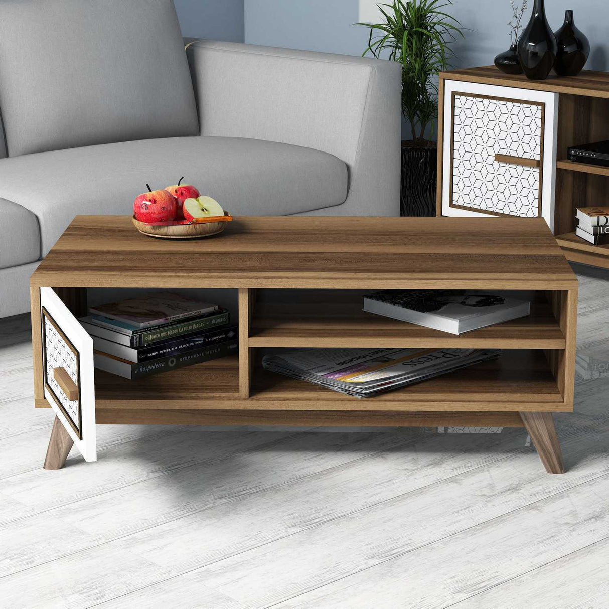 Măsuță de cafea Ayla, Diverse culori, 105x60x38 cm - Nuc - Alb | SKU: 845HCT2832 | Măsuță de cafea Ayla, 105x60x38 cm, varianta Nuc - Alb, produs pentru amenajarea locuinței, disponibil online în România la CasaMob