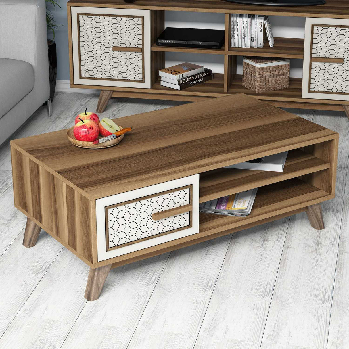 Măsuță de cafea Ayla, Diverse culori, 105x60x38 cm - Nuc - Crem | SKU: 845HCT2835 | Măsuță de cafea Ayla, 105x60x38 cm, varianta Nuc - Crem, produs pentru amenajarea locuinței, disponibil online în România la CasaMob