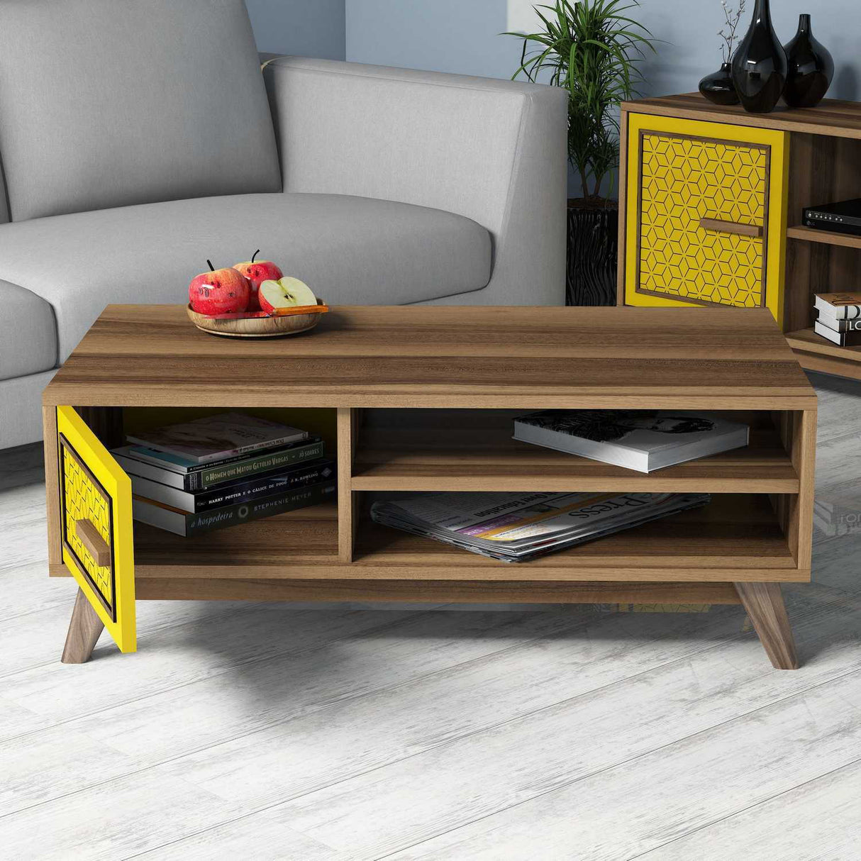 Măsuță de cafea Ayla, Diverse culori, 105x60x38 cm - Nuc - Galben | SKU: 845HCT2836 | Măsuță de cafea Ayla, 105x60x38 cm, varianta Nuc - Galben, produs pentru amenajarea locuinței, disponibil online în România la CasaMob