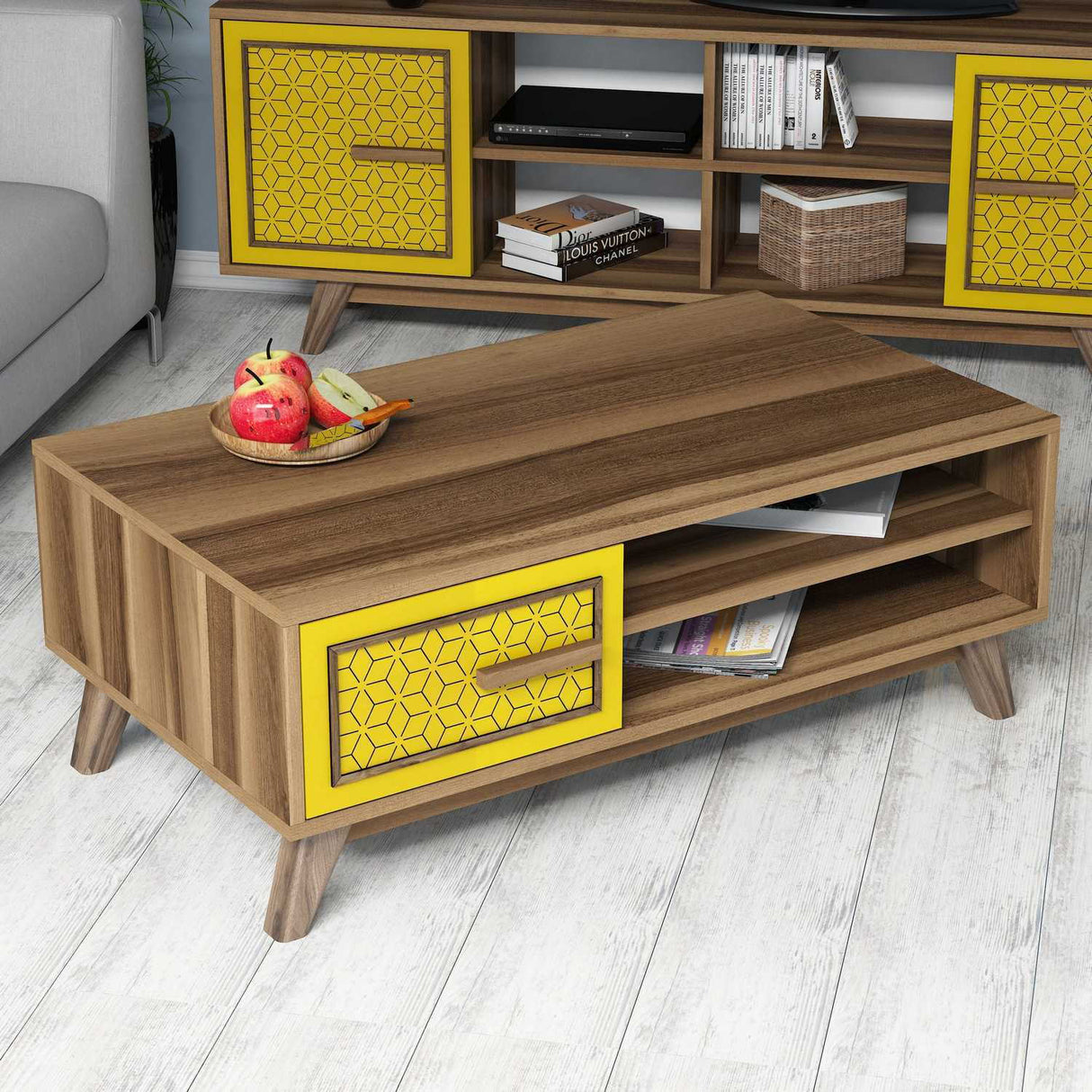 Măsuță de cafea Ayla, Diverse culori, 105x60x38 cm - Nuc - Galben | SKU: 845HCT2836 | Măsuță de cafea Ayla, 105x60x38 cm, varianta Nuc - Galben, produs pentru amenajarea locuinței, disponibil online în România la CasaMob