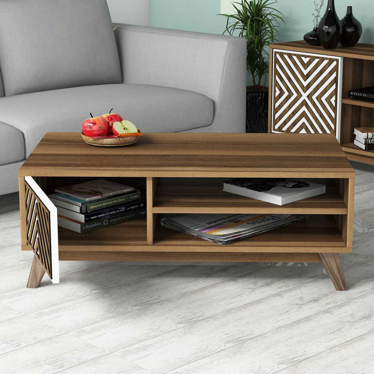 Măsuță de cafea Inci, Diverse culori, 105x60x38 cm - Nuc - Alb | SKU: 845HCT2837 | Măsuță de cafea Inci, 105x60x38 cm, varianta Nuc - Alb, produs pentru amenajarea locuinței, disponibil online în România la CasaMob