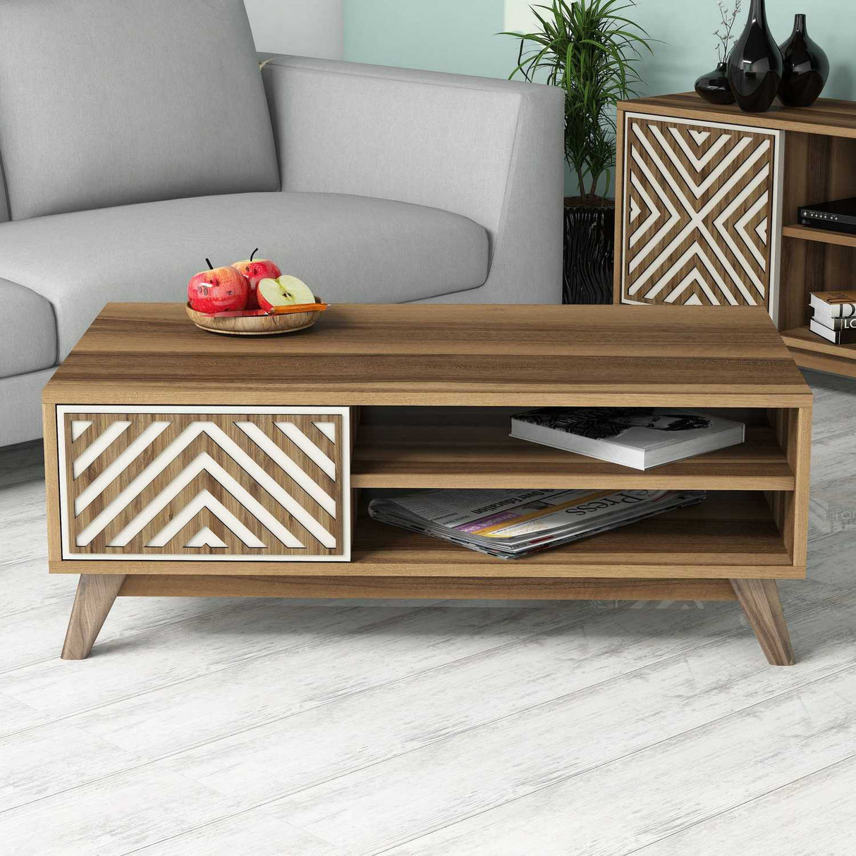 Măsuță de cafea Inci, Diverse culori, 105x60x38 cm - Nuc - Crem | SKU: 845HCT2840 | Măsuță de cafea Inci, 105x60x38 cm, varianta Nuc - Crem, produs pentru amenajarea locuinței, disponibil online în România la CasaMob