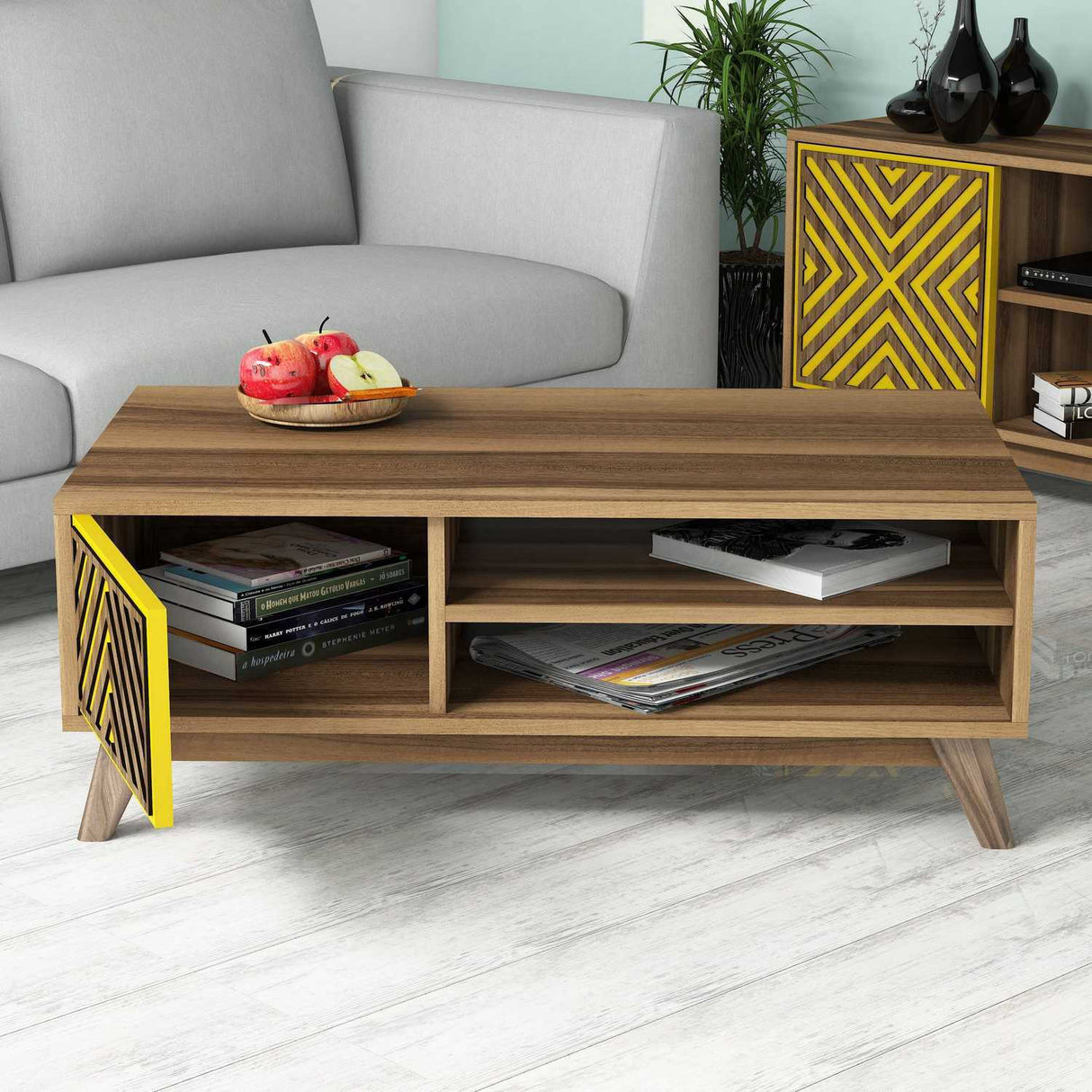 Măsuță de cafea Inci, Diverse culori, 105x60x38 cm - Nuc - Galben | SKU: 845HCT2841 | Măsuță de cafea Inci, 105x60x38 cm, varianta Nuc - Galben, produs pentru amenajarea locuinței, disponibil online în România la CasaMob