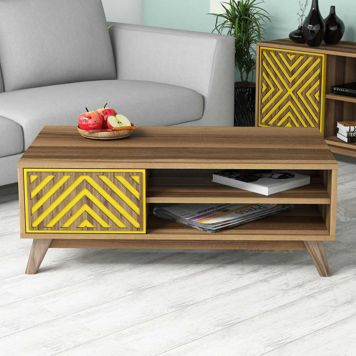 Măsuță de cafea Inci, Diverse culori, 105x60x38 cm - Nuc - Galben | SKU: 845HCT2841 | Măsuță de cafea Inci, 105x60x38 cm, varianta Nuc - Galben, produs pentru amenajarea locuinței, disponibil online în România la CasaMob