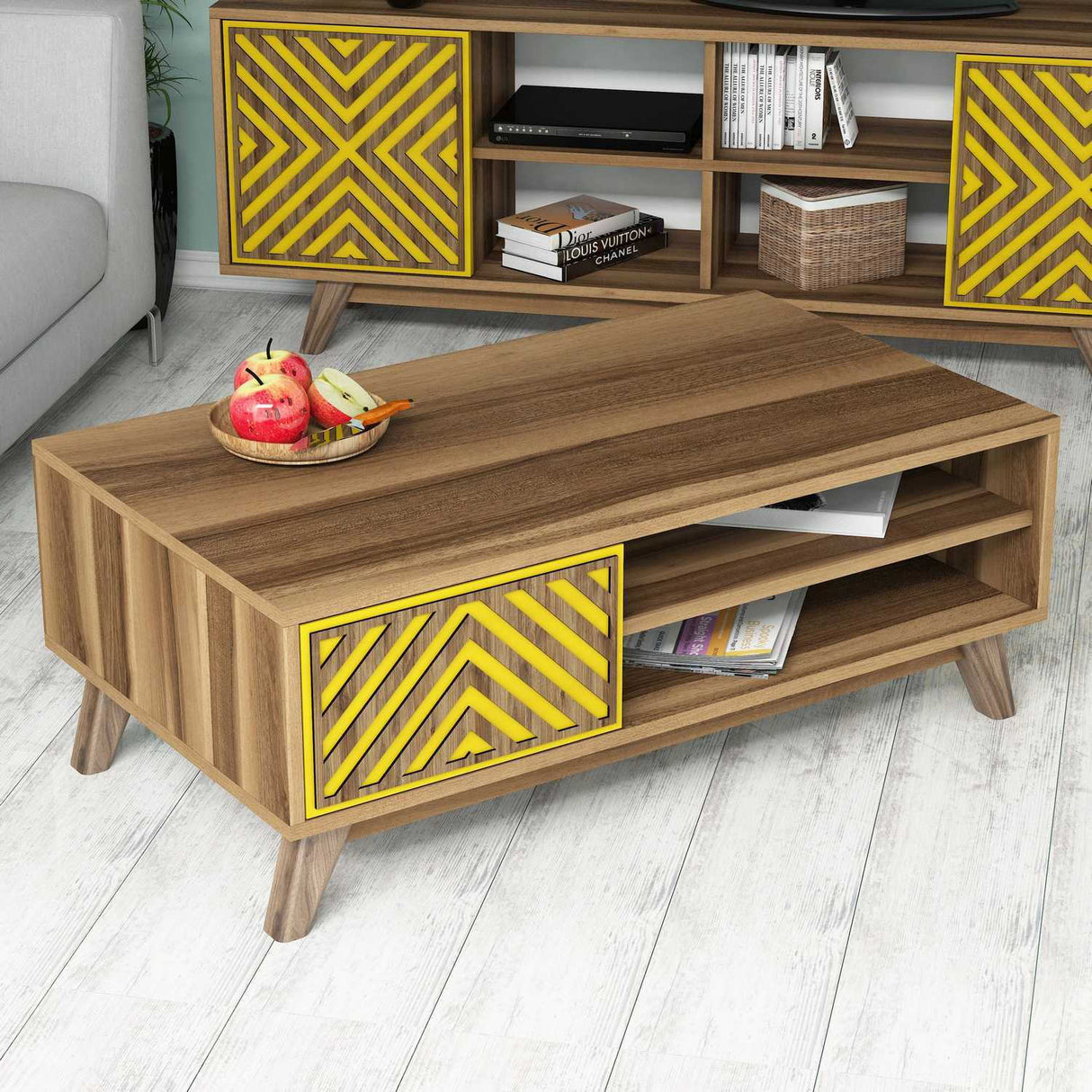 Măsuță de cafea Inci, Diverse culori, 105x60x38 cm - Nuc - Galben | SKU: 845HCT2841 | Măsuță de cafea Inci, 105x60x38 cm, varianta Nuc - Galben, produs pentru amenajarea locuinței, disponibil online în România la CasaMob