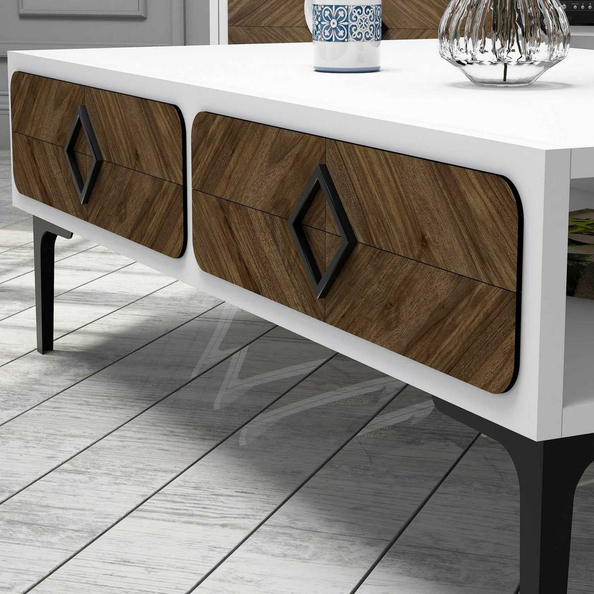 Măsuță de cafea Samba, Diverse culori, 105x60x35 cm - Alb - Nuc | SKU: 845HCT2850 | Măsuță de cafea Samba, 105x60x35 cm, varianta Alb - Nuc, produs pentru amenajarea locuinței, disponibil online în România la CasaMob