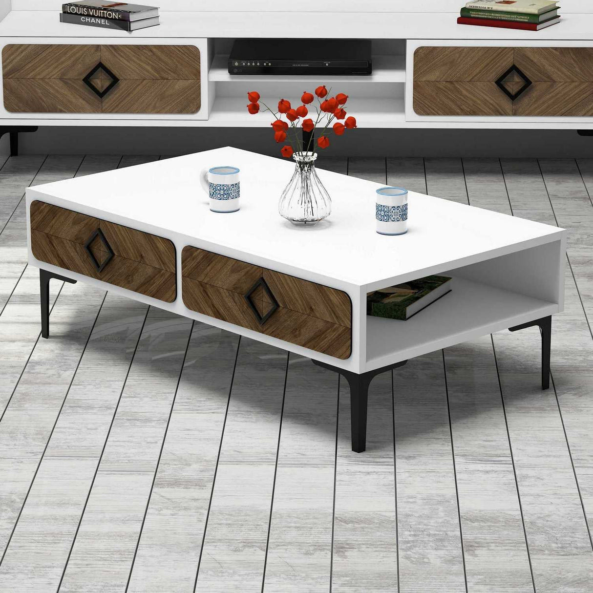 Măsuță de cafea Samba, Diverse culori, 105x60x35 cm - Alb - Nuc | SKU: 845HCT2850 | Măsuță de cafea Samba, 105x60x35 cm, varianta Alb - Nuc, produs pentru amenajarea locuinței, disponibil online în România la CasaMob
