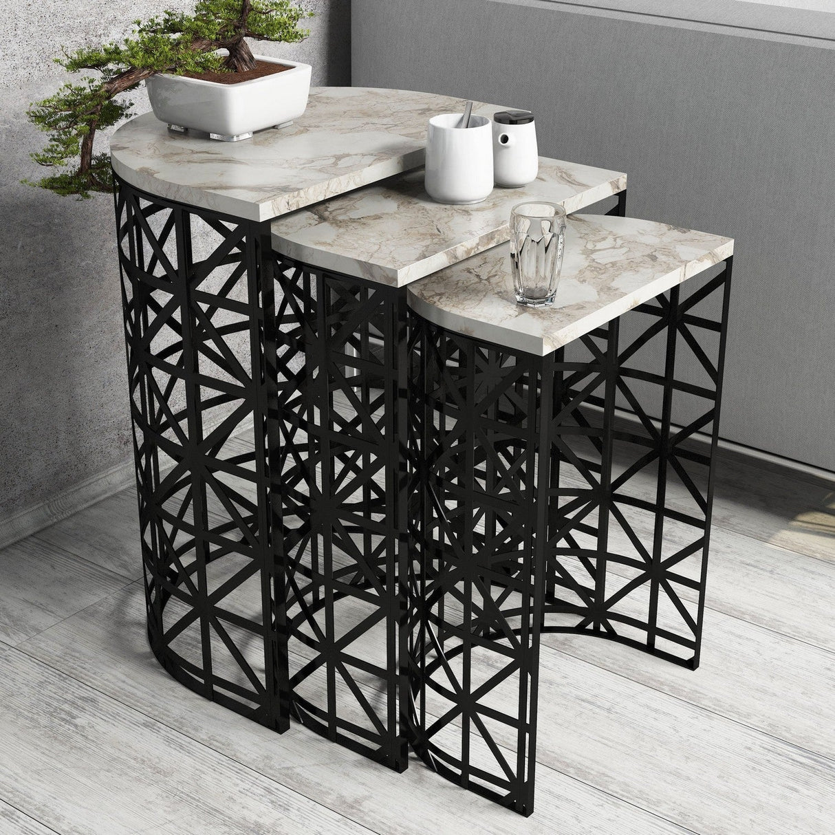 Măsuță de cafea Stil Marble, Diverse culori, Diverse configurații, Diverse dimensiuni - Alb - 46x33x62 cm - 3 bucăți | SKU: 845HCT2866 | Măsuță de cafea Stil Marble, varianta Alb - 46x33x62 cm - 3 bucăți, produs pentru amenajarea locuinței, disponibil online în România la CasaMob