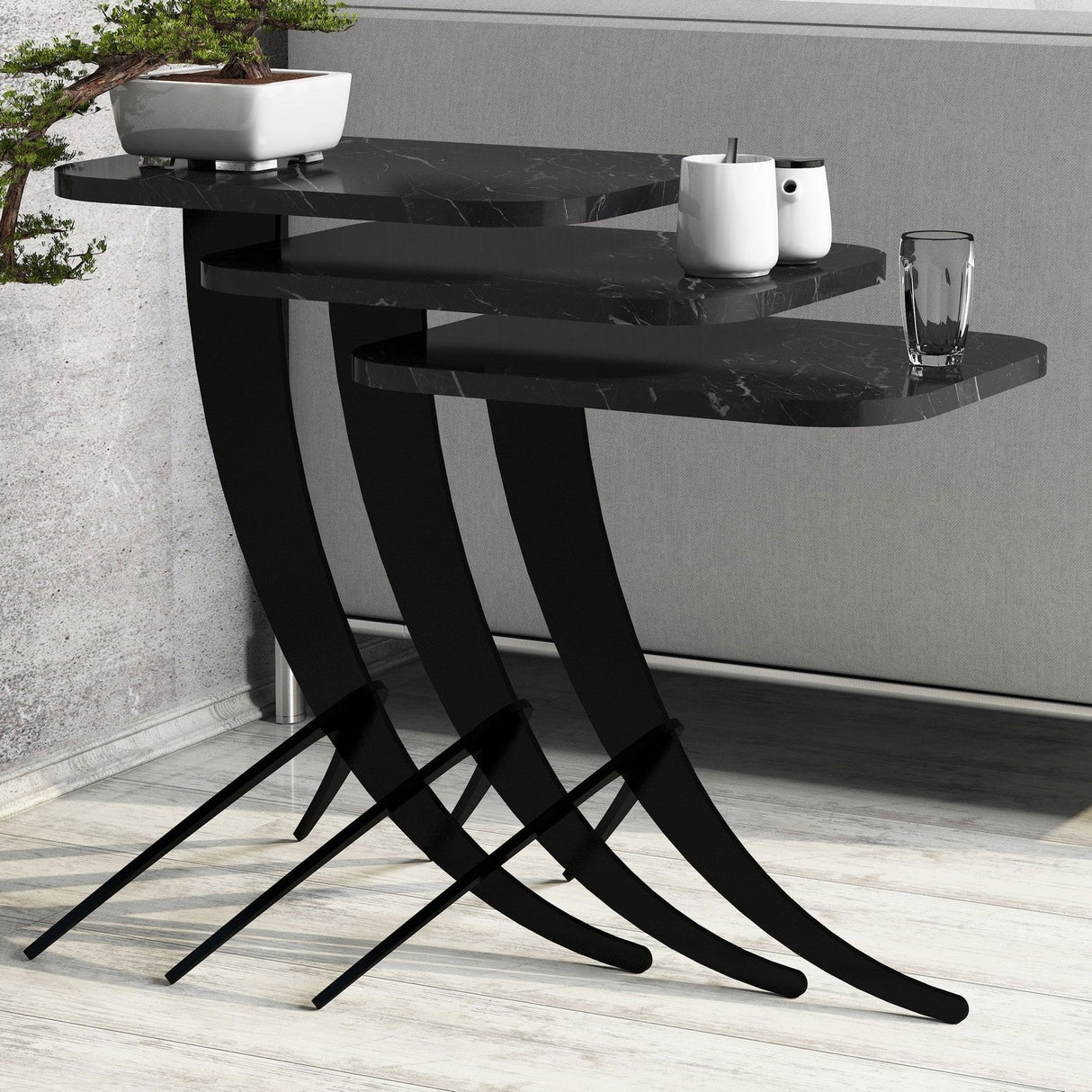 Set 3 măsuțe de cafea Pion Marble, Diverse culori, 35x60x45 cm - Negru | SKU: 845HCT2875 | Set 3 măsuțe de cafea Pion Marble, 35x60x45 cm, varianta Negru, produs pentru amenajarea locuinței, disponibil online în România la CasaMob