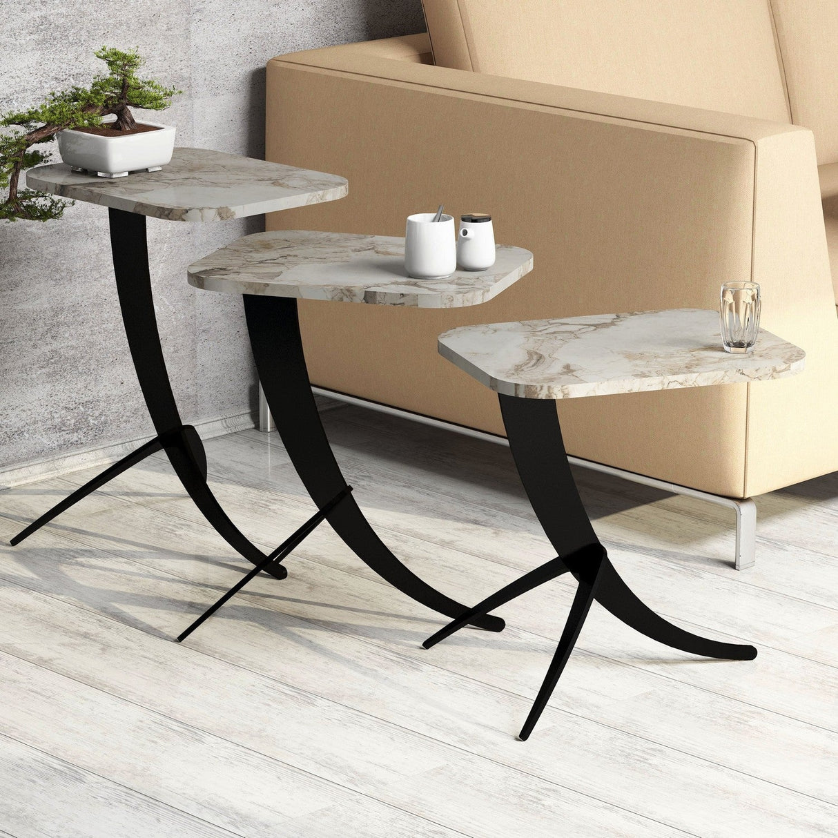 Set 3 măsuțe de cafea Pion Marble, Diverse culori, 35x60x45 cm - Alb - Negru | SKU: 845HCT2876 | Set 3 măsuțe de cafea Pion Marble, 35x60x45 cm, varianta Alb - Negru, produs pentru amenajarea locuinței, disponibil online în România la CasaMob