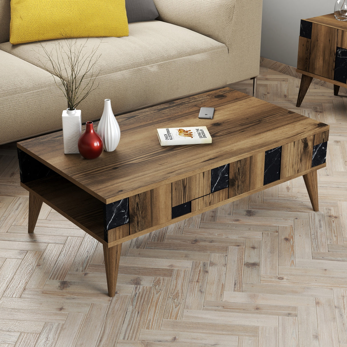 Măsuță de cafea Madrid, Diverse culori, 105x60x38 cm - Nuc - Negru | SKU: 845HCT2877 | Măsuță de cafea Madrid, 105x60x38 cm, varianta Nuc - Negru, produs pentru amenajarea locuinței, disponibil online în România la CasaMob