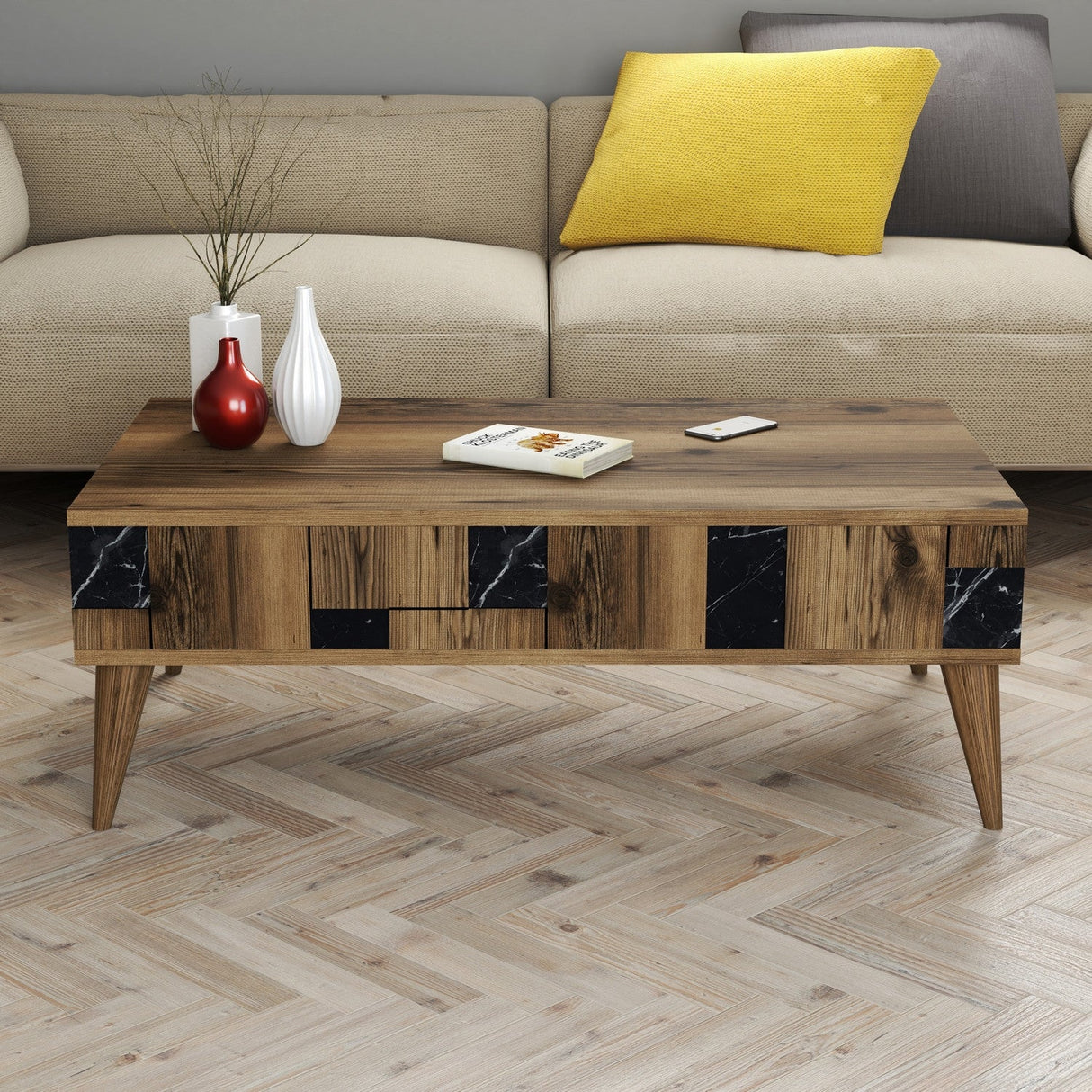 Măsuță de cafea Madrid, Diverse culori, 105x60x38 cm - Nuc - Negru | SKU: 845HCT2877 | Măsuță de cafea Madrid, 105x60x38 cm, varianta Nuc - Negru, produs pentru amenajarea locuinței, disponibil online în România la CasaMob