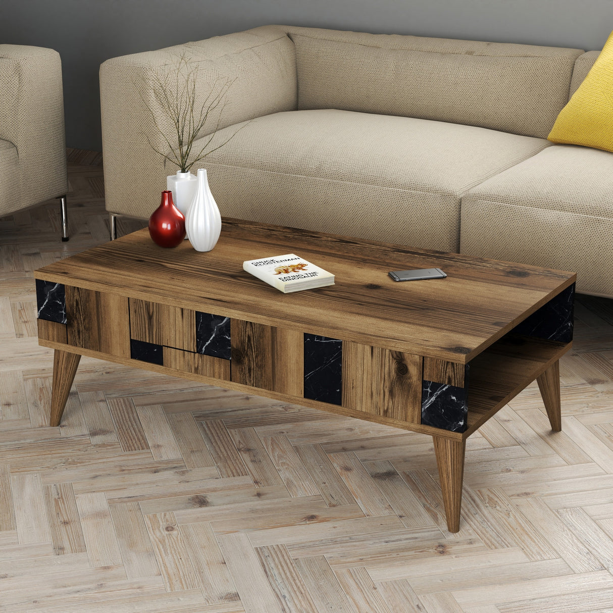 Măsuță de cafea Madrid, Diverse culori, 105x60x38 cm - Nuc - Negru | SKU: 845HCT2877 | Măsuță de cafea Madrid, 105x60x38 cm, varianta Nuc - Negru, produs pentru amenajarea locuinței, disponibil online în România la CasaMob