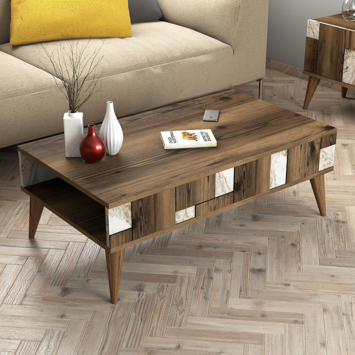 Măsuță de cafea Madrid, Diverse culori, 105x60x38 cm - Alb - Nuc | SKU: 845HCT2878 | Măsuță de cafea Madrid, 105x60x38 cm, varianta Alb - Nuc, produs pentru amenajarea locuinței, disponibil online în România la CasaMob