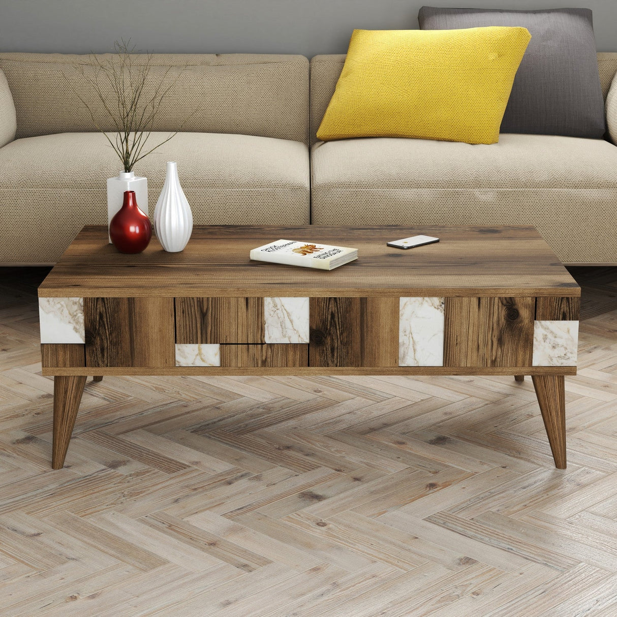 Măsuță de cafea Madrid, Diverse culori, 105x60x38 cm - Alb - Nuc | SKU: 845HCT2878 | Măsuță de cafea Madrid, 105x60x38 cm, varianta Alb - Nuc, produs pentru amenajarea locuinței, disponibil online în România la CasaMob