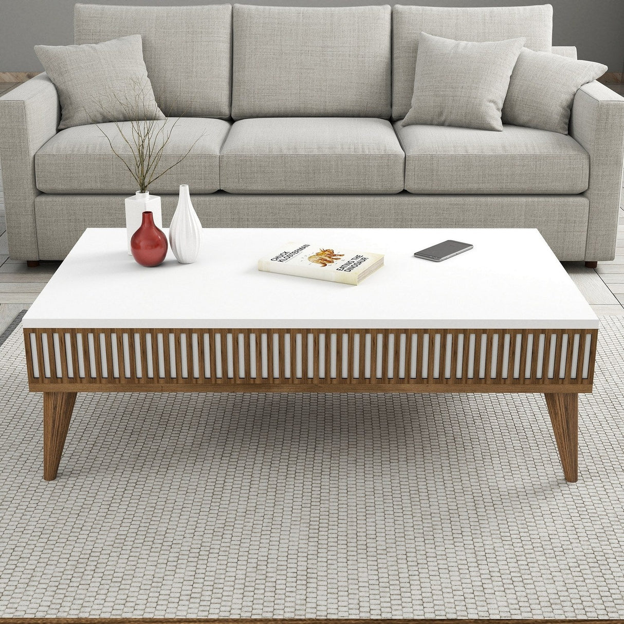 Măsuță de cafea Milan, Diverse culori, 105x60x35 cm - Nuc - Alb | SKU: 845HCT2886 | Măsuță de cafea Milan, 105x60x35 cm, varianta Nuc - Alb, produs pentru amenajarea locuinței, disponibil online în România la CasaMob