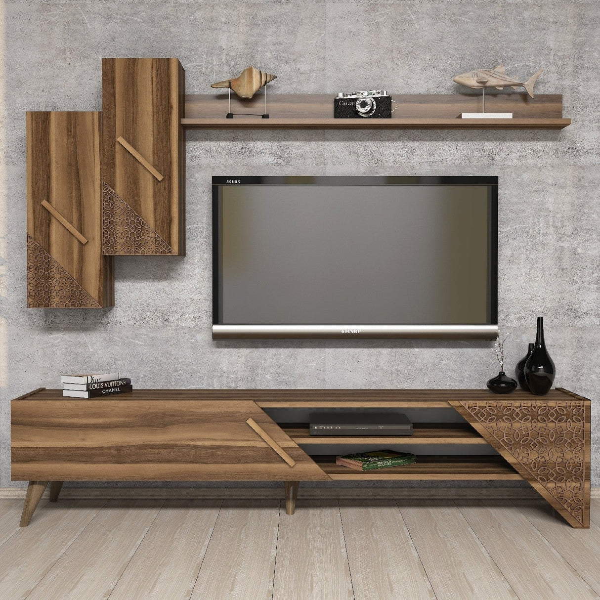 Comodă TV Beril, Diverse culori, 180x37x40 cm - Nuc | SKU: 845HCT3002 | Comodă TV Beril, 180x37x40 cm, varianta Nuc, produs pentru amenajarea locuinței, disponibil online în România la CasaMob