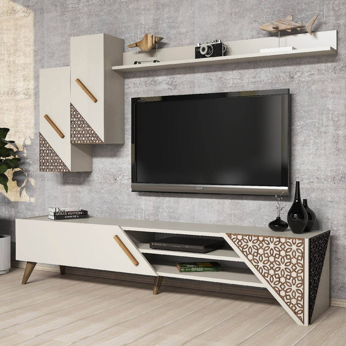 Comodă TV Beril, Diverse culori, 180x37x40 cm - Crem | SKU: 845HCT3003 | Comodă TV Beril, 180x37x40 cm, varianta Crem, produs pentru amenajarea locuinței, disponibil online în România la CasaMob