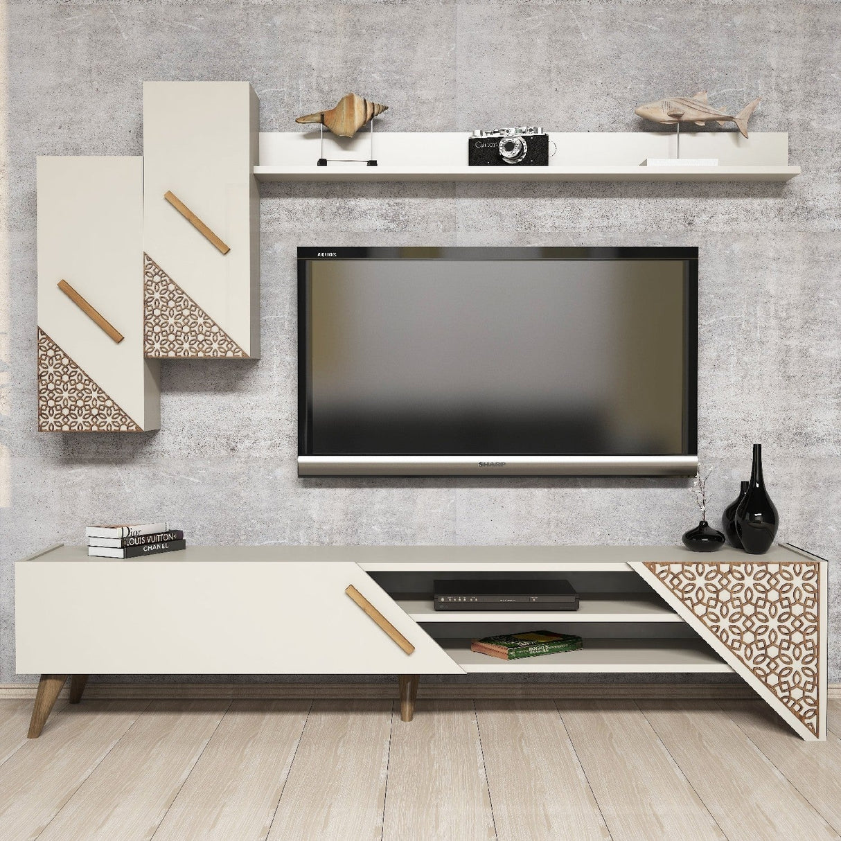 Comodă TV Beril, Diverse culori, 180x37x40 cm - Crem | SKU: 845HCT3003 | Comodă TV Beril, 180x37x40 cm, varianta Crem, produs pentru amenajarea locuinței, disponibil online în România la CasaMob