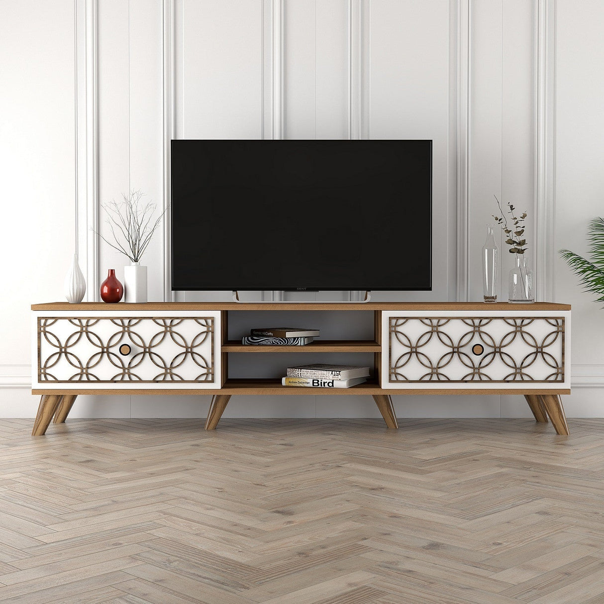 Comodă TV Class, Diverse culori, Diverse dimensiuni - Nuc - Alb - 180x35x44 cm | SKU: 845HCT3005 | Comodă TV Class, varianta Nuc - Alb - 180x35x44 cm, produs pentru amenajarea locuinței, disponibil online în România la CasaMob