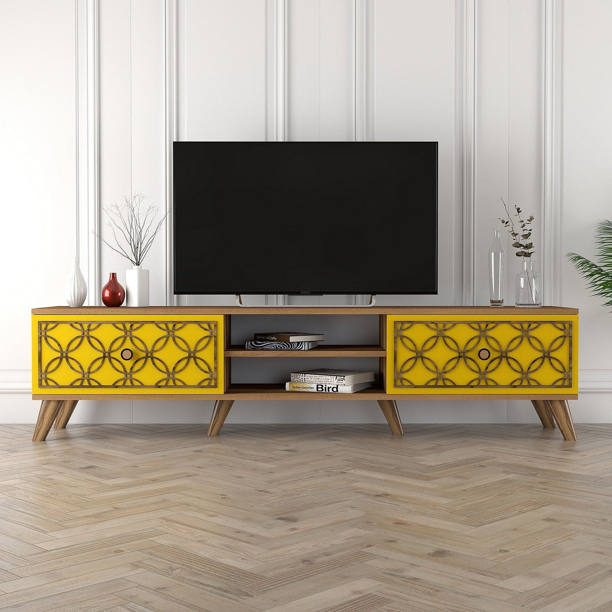 Comodă TV Class, Diverse culori, Diverse dimensiuni - Nuc - Galben - 180x35x44 cm | SKU: 845HCT3008 | Comodă TV Class, varianta Nuc - Galben - 180x35x44 cm, produs pentru amenajarea locuinței, disponibil online în România la CasaMob