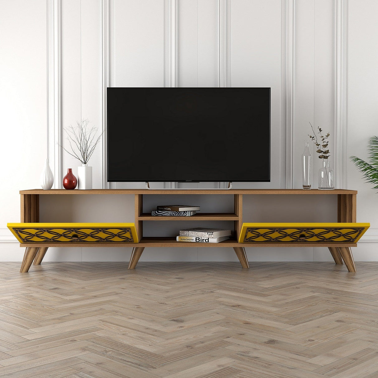 Comodă TV Class, Diverse culori, Diverse dimensiuni - Nuc - Galben - 180x35x44 cm | SKU: 845HCT3008 | Comodă TV Class, varianta Nuc - Galben - 180x35x44 cm, produs pentru amenajarea locuinței, disponibil online în România la CasaMob